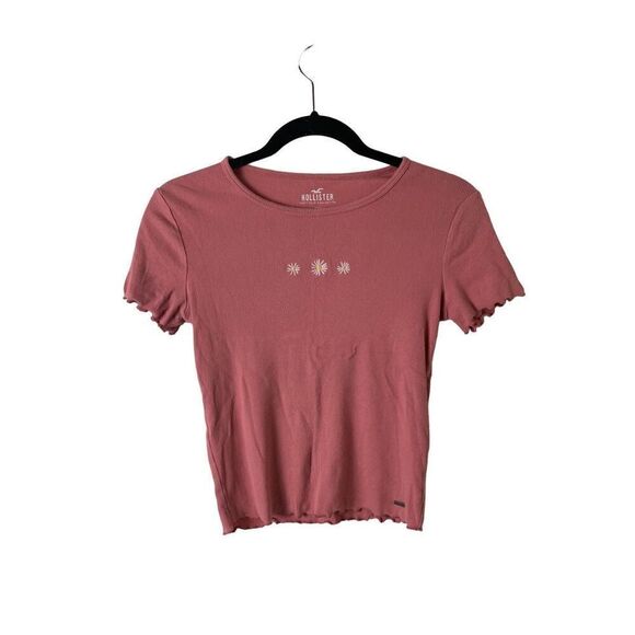 Hollister Pink Lettuce Hem Daisy Embroidered Crop Top - Picture 1 of 4